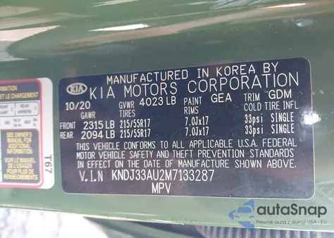 2021 Kia Soul Ex z USA, uszkodzony, nr VIN KNDJ33AU2M7133287